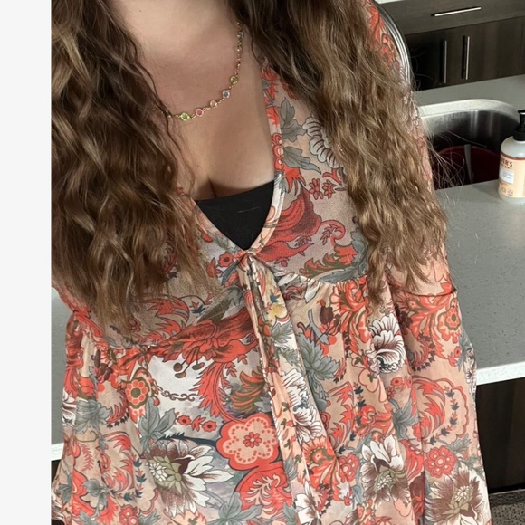 024 Boho Floral Tropical Print Front Tie Bell Sleeve Top - Picture 3 of 7